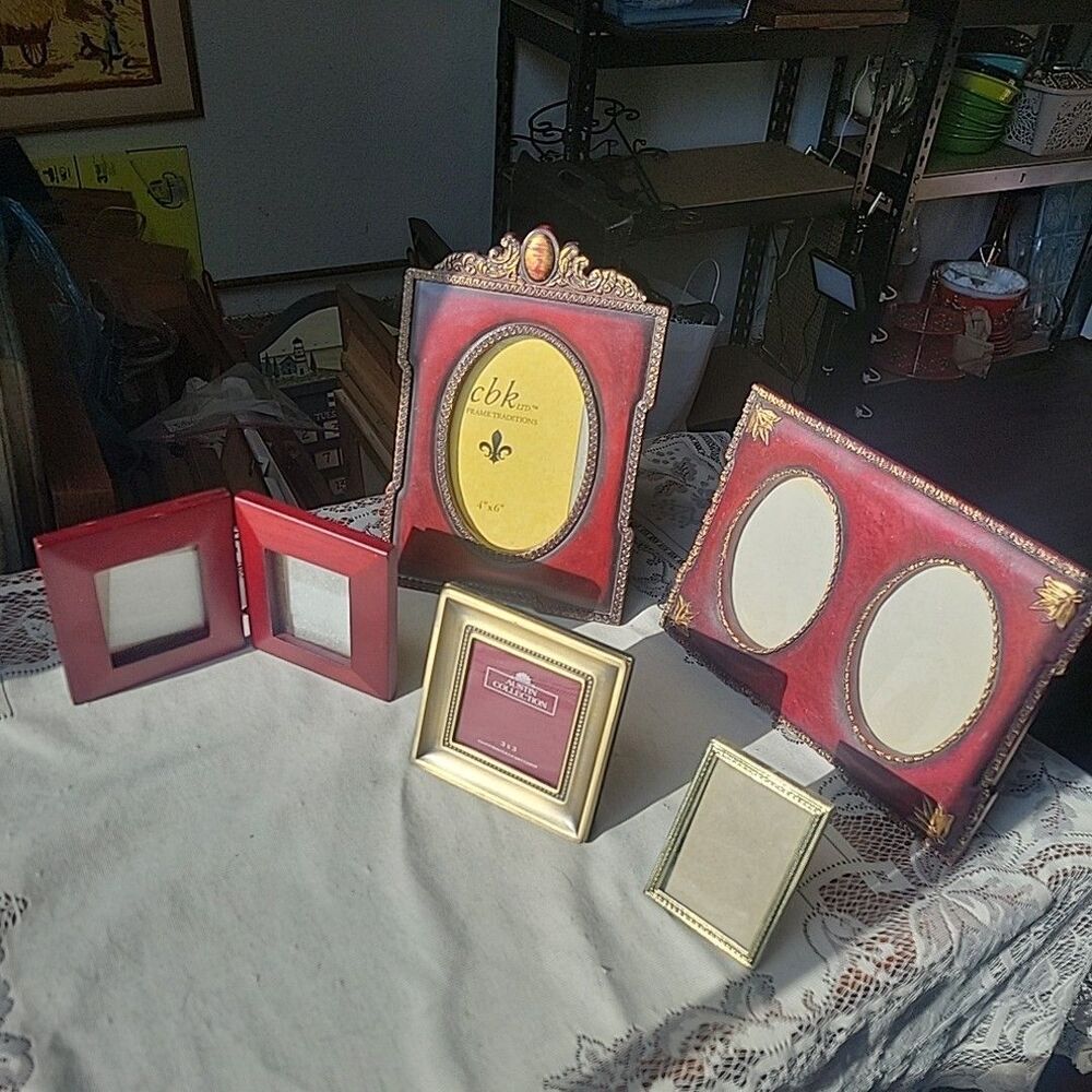 Vtg Victorian Western photo picture frames 5pc set mixed lot faux wood metal